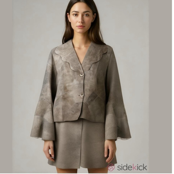 Orion leather patchwork suede jacket genuine brown beige flare sleeves blazer - Picture 1 of 13